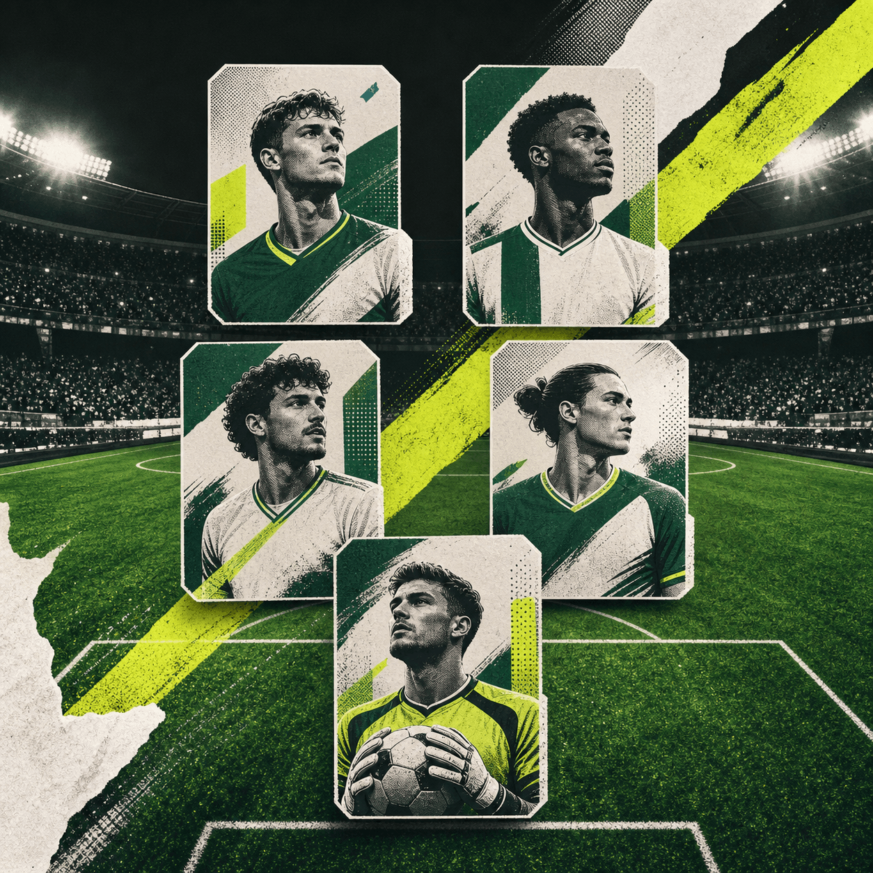 Stadyumda kurulan özgün futbol kadrosunu gösteren editoryal illüstrasyon